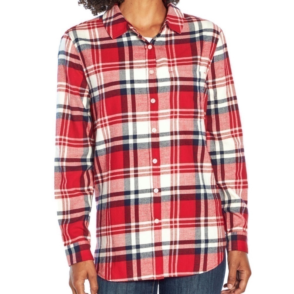 Gap Ladies Boyfriend Candied Apple Plaid Relaxed Fit Flannel Shirt size small